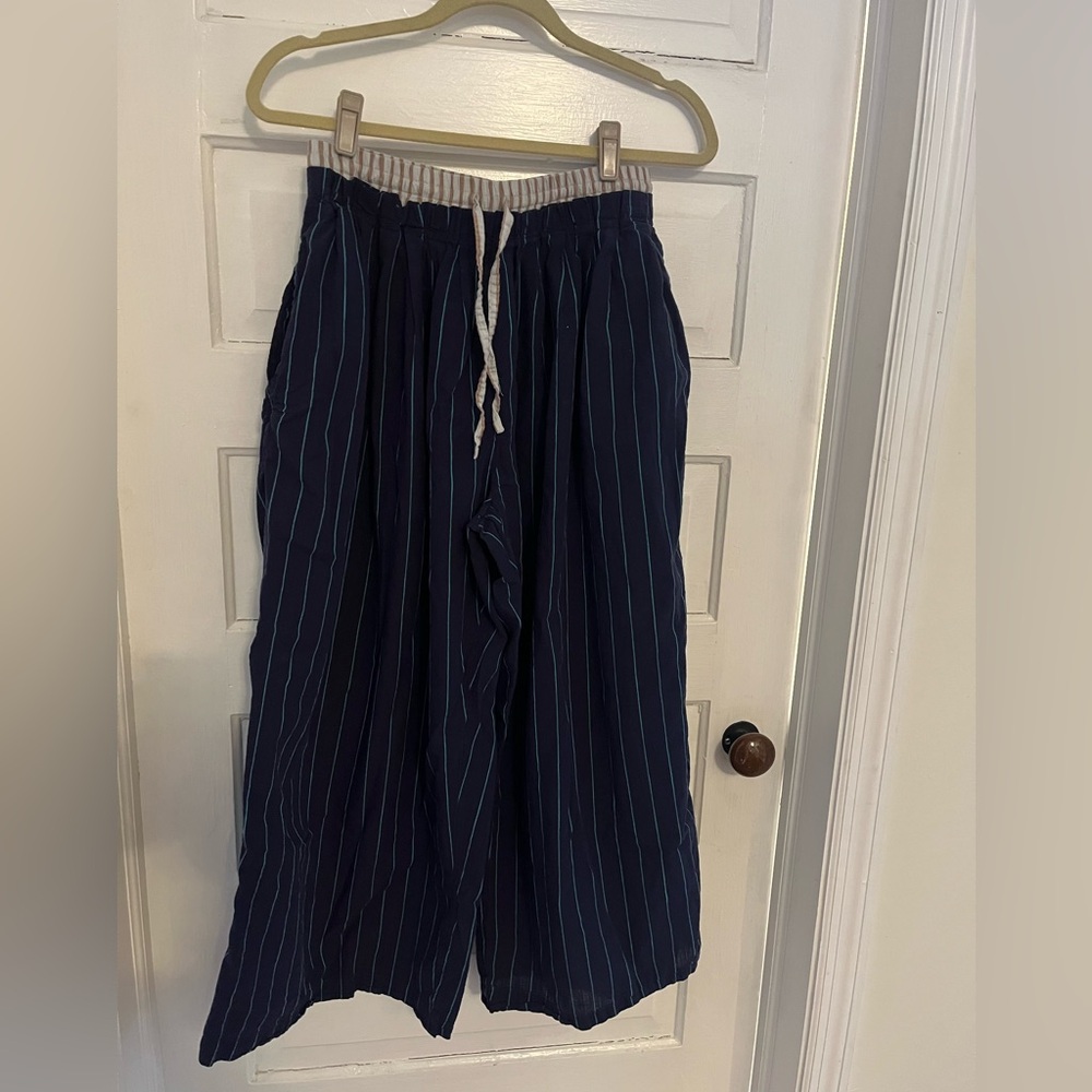 Anthropologie Navy Mixed Stripe Wide-leg Pants